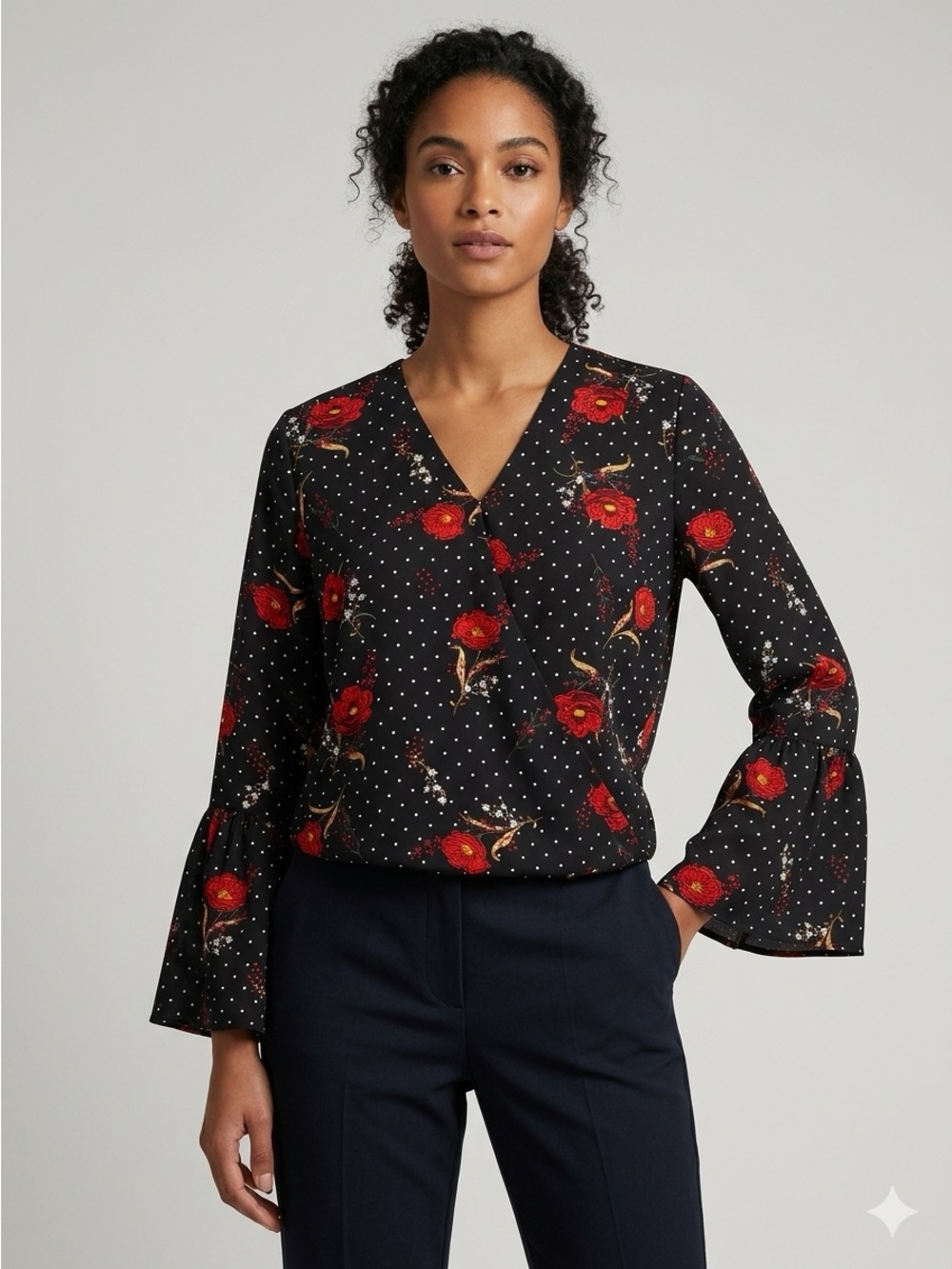 Iman wrap front floral blouse with bell sleeves, size XS